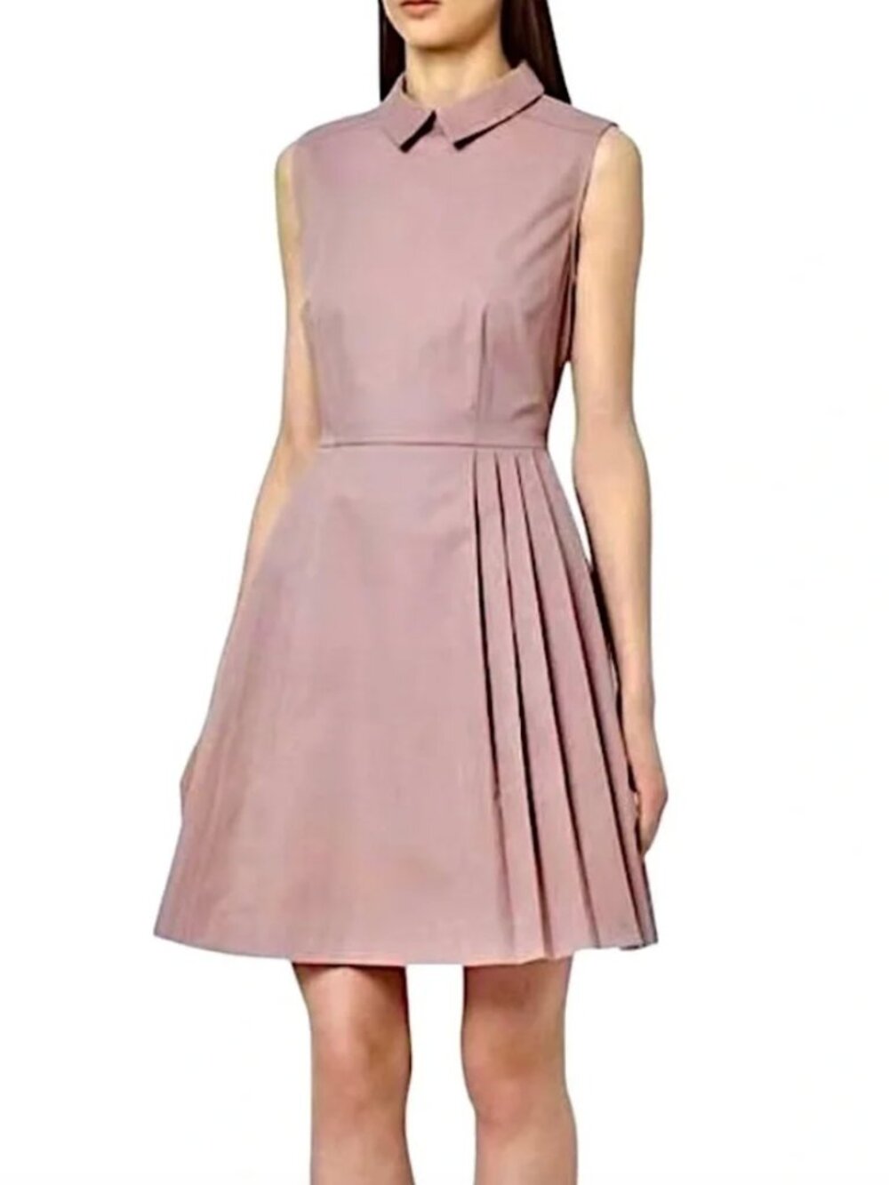 REISS Hudson Pleated Knee Length Collared Sleeveless Cotton Stretch Dress